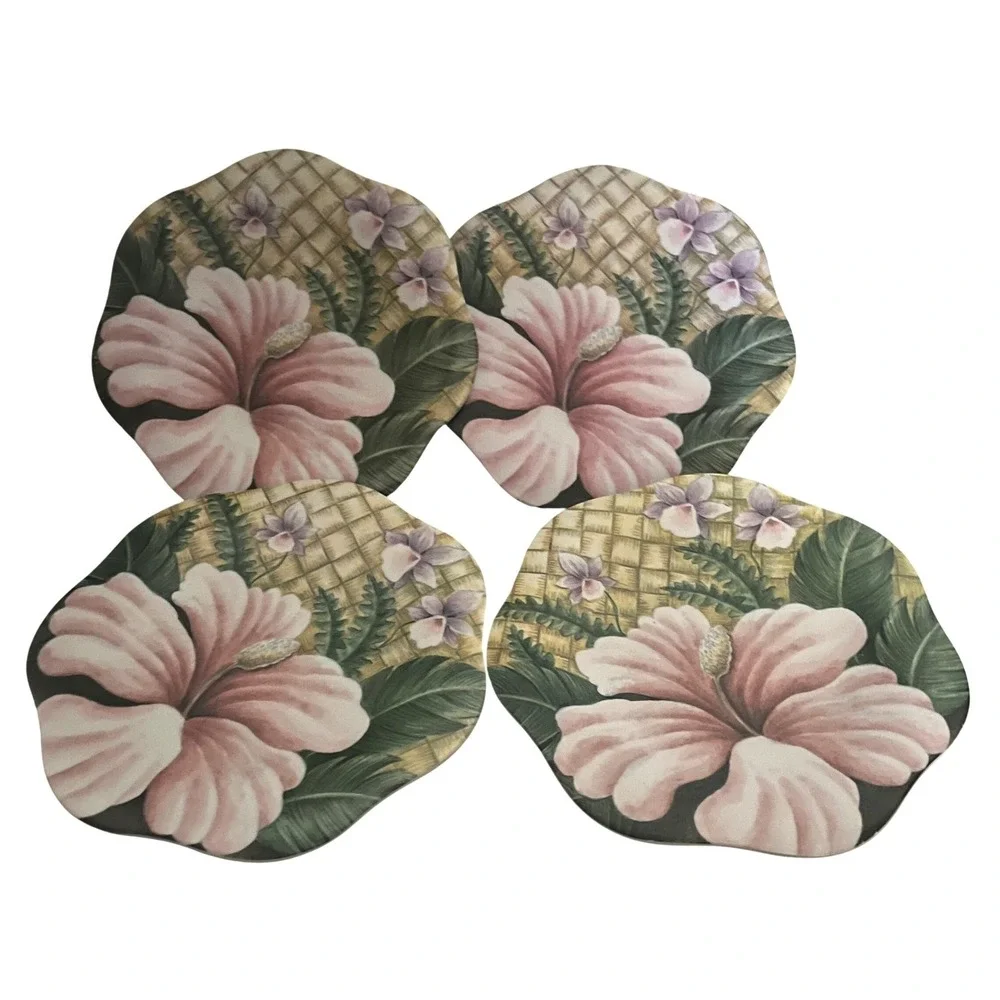 Merritt‎ Set of 4 Tropical Hibiscus Floral Melamine Plates Bamboo Plastic Salad